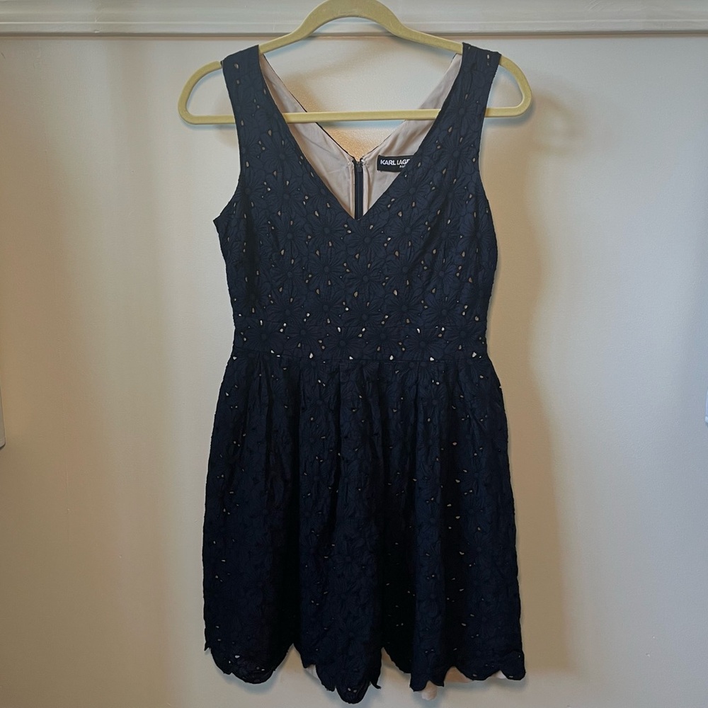 Karl Lagerfeld Navy Mini Dress Floral Embroidered Flirty Cocktail Party Size 4